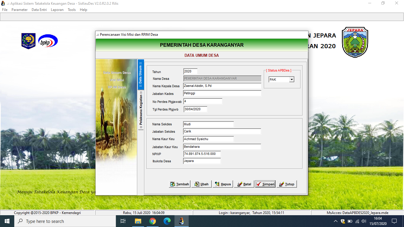 POSTING SISKEUDES ONLINE PERUBAHAN APBDES PERTAMA ( PERDES PERUBAHAN APBDES NO 4 TAHUN 2020 TAHUN AN